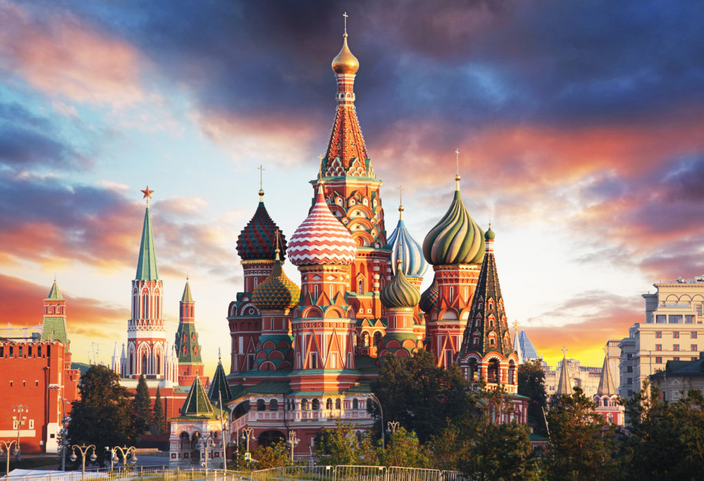 Saint Basil's Cathedrals.  Towers and walls of the Kremlin are visible in the background. 