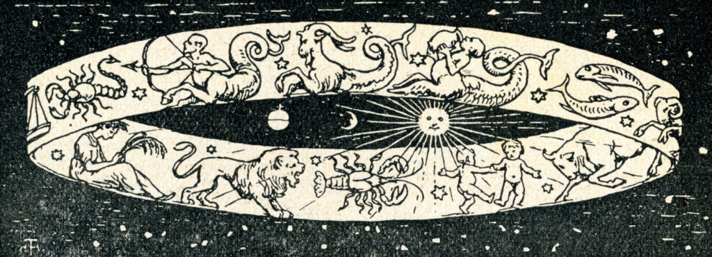 This illustration shows the astronomical zodiac, represented by a ring bearing the signs of the zodiac, encircling the sun and earth.  It illustrates the end of the age of Taurus - with the constellation Aries taking Taurus's position behind the sun (as seen from Earth). 