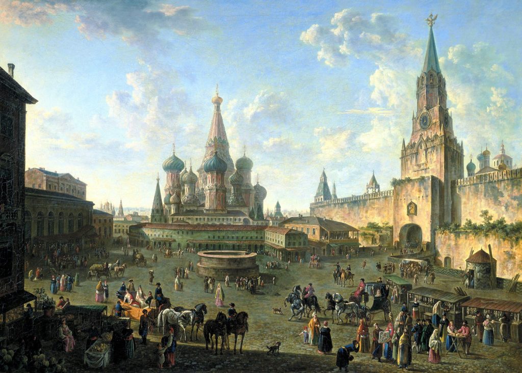 A painting of Red Square circa 1801 by Fyodor Alekseyev.  Saint Basil's Cathedral is seen prominently in the background.