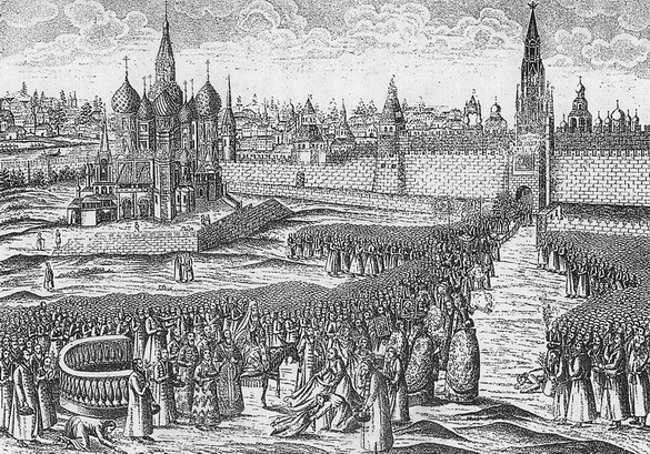 A 17th Century Dutch print of the Tsar's Palm Sunday Procession.  The Tsar is leading the Metropolitan, who rides atop a mule, to the "Entry into Jerusalem" chapel in Saint Basil's cathedral. 