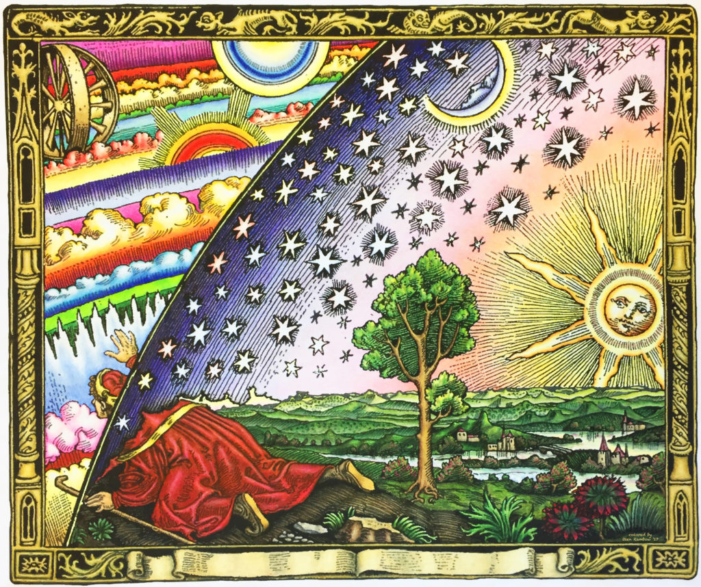 A colored print of the 19th century Flammarion Engraving.  A man is pictured kneeling near the edge of the earth and reaching through the sky to discover a magnificent realm beyond.  It illustrates how ancient Romans might have imagined the heavenly spheres.