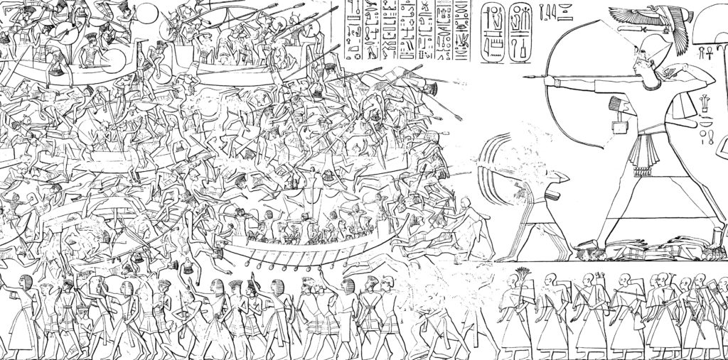 A wall relief depicting the sea peoples storming Egypt by boat.  Ramses III stands larger than life in front of them, bow drawn.  Other Egyptian soldiers stand in front of and below the sea peoples' boats.