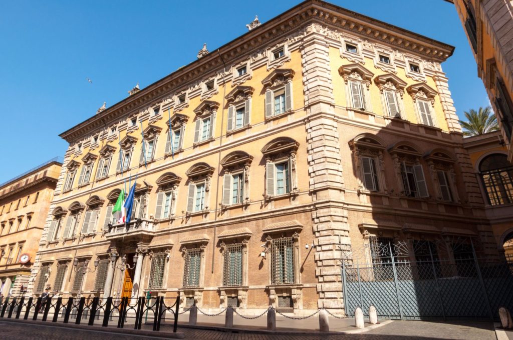 A photograph of the exterior of the stately Palazzo Madama in Rome.  It was here that Caravaggio likely painted Basket of Fruit.