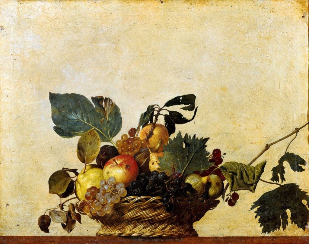 The painting - Basket of Fruit by Caravaggio.  The Basket of Fruit includes a peach, cherries, an apple, pears, figs, and two different types of grapes.  Behind the basket is a large unadorned yellow wall.