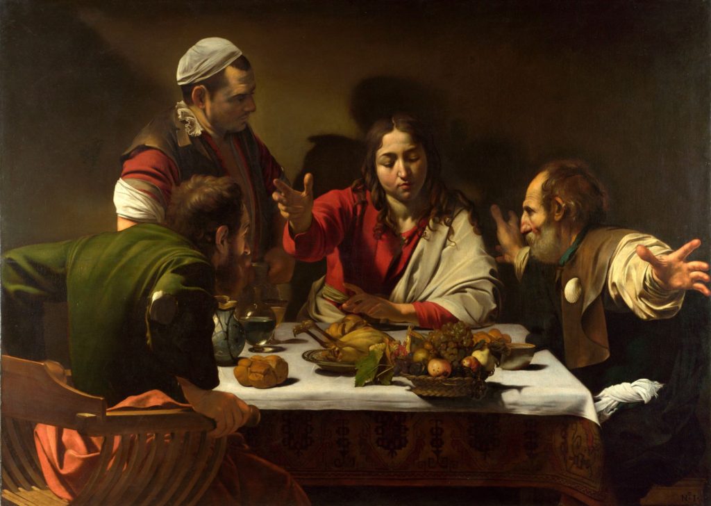 The Supper at Emmaus by Caravaggio.  A young-looking Christ sits down for a meal with two of his disciples in Emmaus.  The disciples do not yet recognize that they are sitting with Christ.  A basket of fruit, very similar to the still life Basket of Fruit, sits precariously on the table.