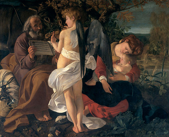 Rest on the Flight into Egypt by Caravaggio - a scantily clad angel plays a violin for an exhausted holy family.  Joseph holds the music for the angel, barely able to sit.  An infant Jesus snuggles with Mary beside them.