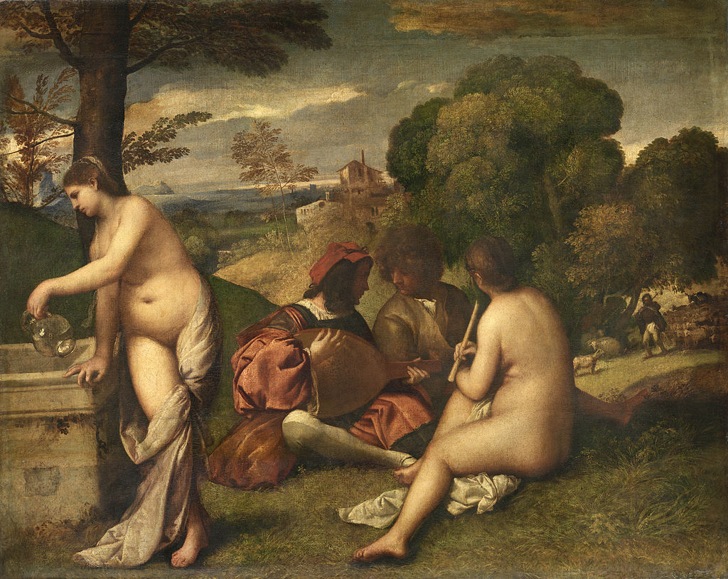 Titian's Pastoral Concert - a finely dressed young man, presumably an aristocrat, sits plucking a lute while speaking with a shepherd.  Two nude women sit with them, one filling a vase of water and another holding a flute.  A beautiful landscape stretches out into the distance behind them.  This painting is a forerunner of Caravaggio's The Musicians.