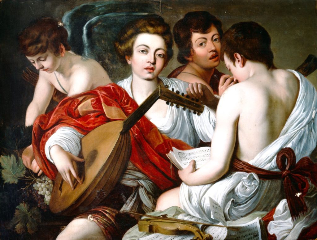 A copy of Caravaggio's The Musicians.  This one is much brighter and the still life far clearer.