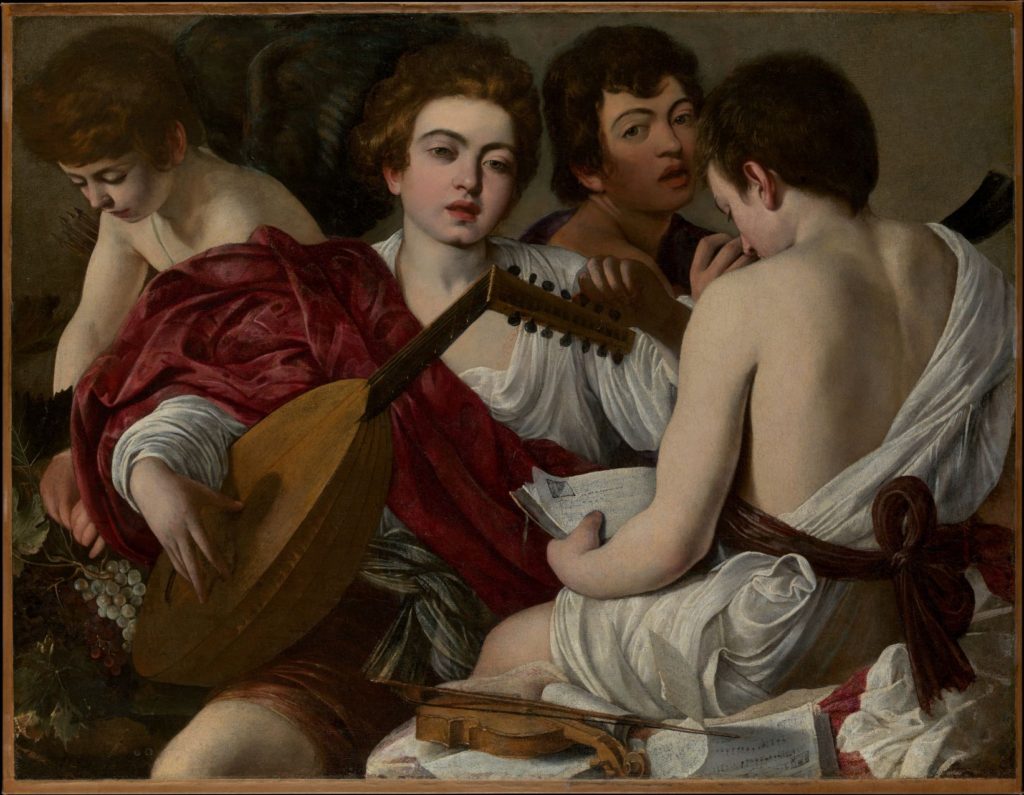 The Musicians by Caravaggio - three young men and Cupid sit packed together during a music rehearsal.  The most prominent figure is the lute player, who is pictured adjusting his instrument.  The singer of the group sits next to him, studying his music.  His back is turned toward the viewer.  The third member of the group, a Cornetto player, stares at the viewer over his shoulder.  This is a self-portrait of Caravaggio.  Cupid is in the top left corner.  He appears to be about the same age as the others, only with dark wings and holding grapes instead of an instrument.
