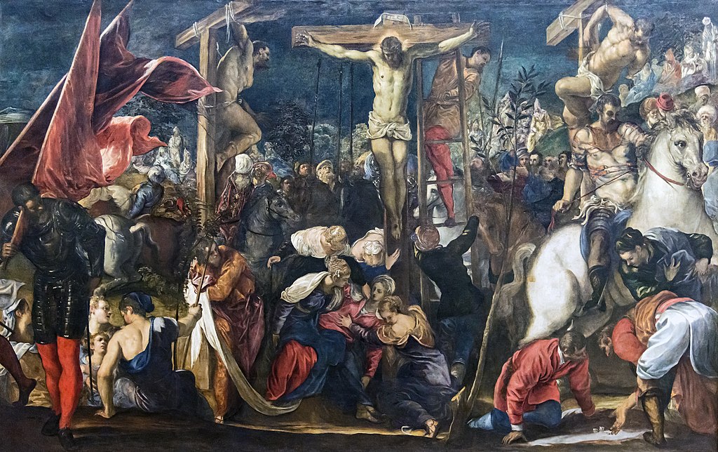 Image of the Crucifixion painted by Tintoretto for the Scuola Sacramento di San Severo.  In this image, the crowd appears in a tighter area around Christ.  The crosses of the two thieves are already erect in this image, unlike in the later San Roco version.