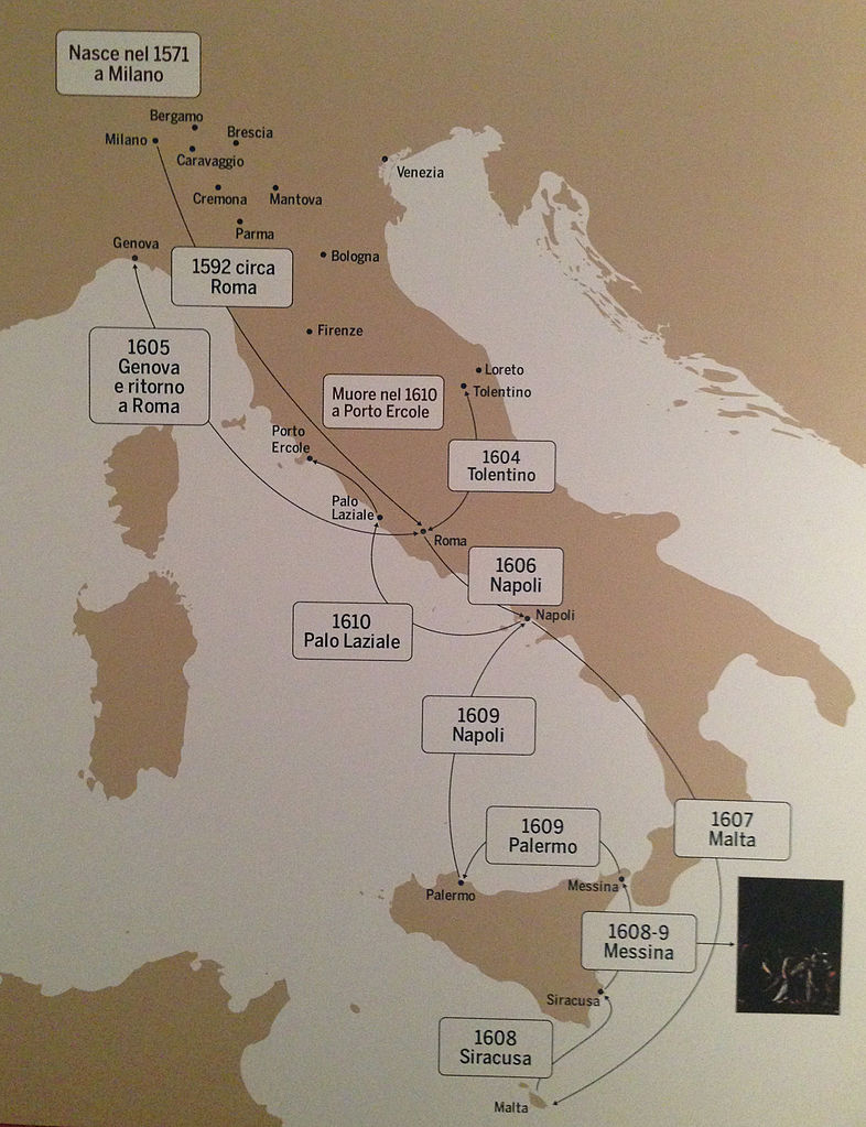 Map of Caravaggio's travels over the course of his lifetime. 