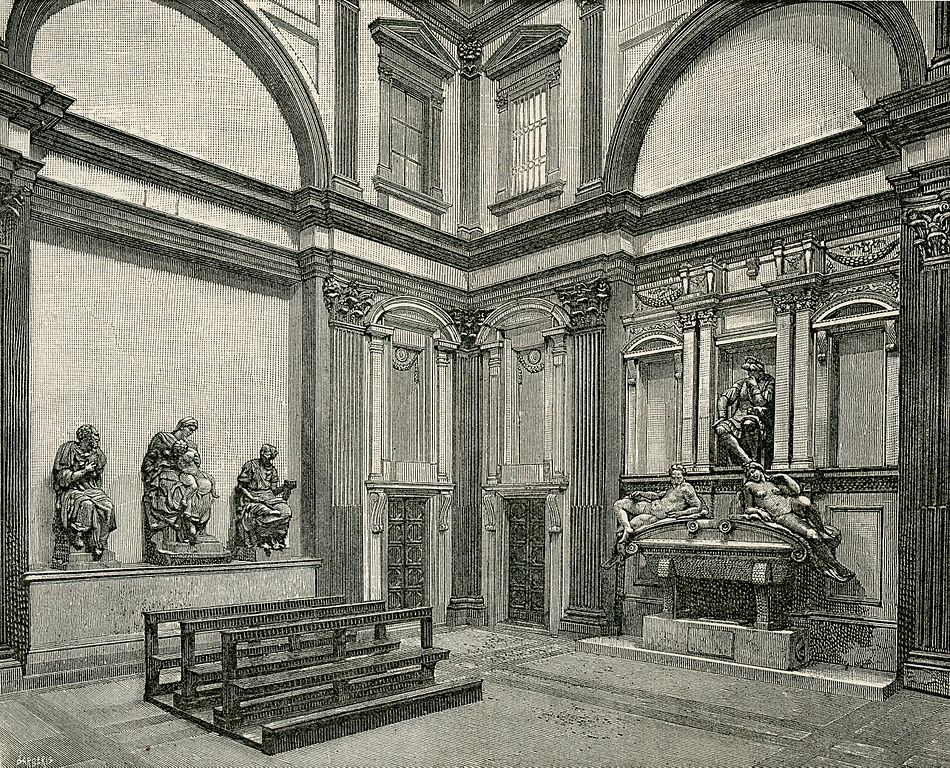 Woodcut showing the tomb of Duke Lorenzo and the Sacra Conversazione in the New Sacristy.